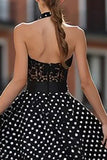 Black and White Polka Dots Halter Long Corset Prom Dress with Lace