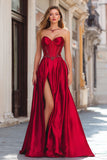 Sparkly Beaded Red Strapless Corset Long Prom Dress with Slit