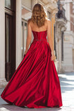 Sparkly Beaded Red Strapless Corset Long Prom Dress with Slit