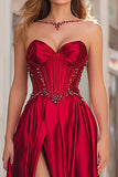 Sparkly Beaded Red Strapless Corset Long Prom Dress with Slit