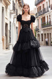 Black Ruffled Tulle A Line Long Prom Dress with Lace