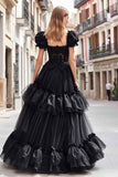 Black Ruffled Tulle A Line Long Prom Dress with Lace