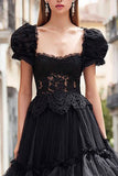 Black Ruffled Tulle A Line Long Prom Dress with Lace