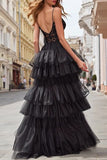 Black Tiered Tulle Corset Spaghetti Straps Long Prom Dress with Lace