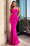 Fuchsia Satin One Shoulder Mermaid Long Prom Dress with Slit