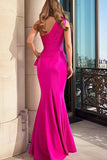 Fuchsia Satin One Shoulder Mermaid Long Prom Dress with Slit