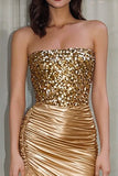 Sparkly Gold Strapless Mermaid Long Prom Dress with Slit