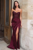 Sparkly Burgundy Mermaid Strapless Satin Long Prom Dress with Slit