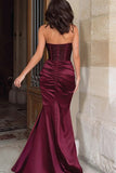 Sparkly Burgundy Mermaid Strapless Satin Long Prom Dress with Slit