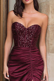 Sparkly Burgundy Mermaid Strapless Satin Long Prom Dress with Slit