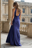 Navy Satin Mermaid Halter Maxi Prom Dress
