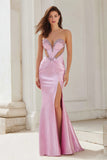Sparkly Pink Satin Mermaid Cut Out Strapless Long Prom Dress with Slit
