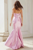 Sparkly Pink Satin Mermaid Cut Out Strapless Long Prom Dress with Slit