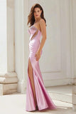 Sparkly Pink Satin Mermaid Cut Out Strapless Long Prom Dress with Slit