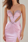 Sparkly Pink Satin Mermaid Cut Out Strapless Long Prom Dress with Slit