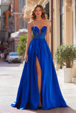 Sparkly Royal Blue A Line Long Strapless Prom Dress with Slit