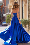 Sparkly Royal Blue A Line Long Strapless Prom Dress with Slit