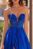 Sparkly Royal Blue A Line Long Strapless Prom Dress with Slit