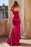 Fuchsia Satin Mermaid One Shoulder Maxi Prom Dress with Slit
