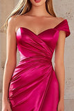 Fuchsia Satin Mermaid One Shoulder Maxi Prom Dress with Slit