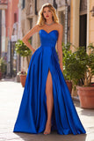 Royal Blue Satin Sweetheart A Line Maxi Prom Dress with Slit