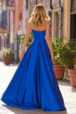 Royal Blue Satin Sweetheart A Line Maxi Prom Dress with Slit