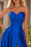 Royal Blue Satin Sweetheart A Line Maxi Prom Dress with Slit