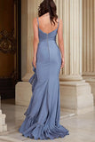 Dusty Blue Mermaid Ruffled Spaghetti Straps Long Prom Dress