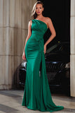Dark Green Mermaid One Shoulder Long Prom Dress with Side Cape