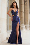 Sparkly Navy Mermaid Beaded Cut Out Long Prom Dress with Slit