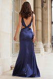 Sparkly Navy Mermaid Beaded Cut Out Long Prom Dress with Slit