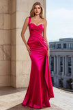 Fuchsia One Shoulder Satin Mermaid Long Prom Dress with Side Cape