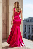 Fuchsia One Shoulder Satin Mermaid Long Prom Dress with Side Cape