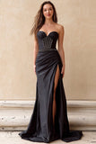 Sparkly Black Strapless Maxi Corset Prom Dress with Slit