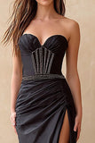 Sparkly Black Strapless Maxi Corset Prom Dress with Slit