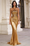 Sparkly Gold Mermaid Halter Maxi Prom Dress with Sequins