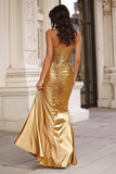 Sparkly Gold Mermaid Halter Maxi Prom Dress with Sequins