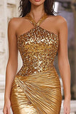 Sparkly Gold Mermaid Halter Maxi Prom Dress with Sequins