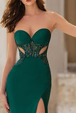 Sparkly Dark Green Strapless Mermaid Cut Out Long Prom Dress with Slit
