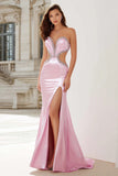 Sparkly Pink Strapless Cut Out Mermaid Long Prom Dress with Slit