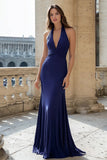 Navy Halter Ruched Mermaid Maxi Prom Dress