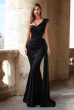 Black Mermaid One Shoulder Long Prom Dress with Side Cape