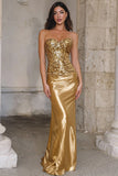 Sparkly Gold Mermaid Strapless Long Prom Dress with Sequins