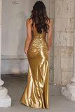 Sparkly Gold Mermaid Strapless Long Prom Dress with Sequins