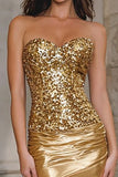 Sparkly Gold Mermaid Strapless Long Prom Dress with Sequins
