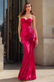Fuchsia Strapless Mermaid Long Ruched Prom Dress with Side Cape