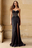Sparkly Black Strapless Corset Maxi Prom Dress with Slit