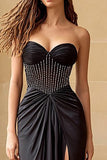 Sparkly Black Strapless Corset Maxi Prom Dress with Slit