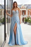 Sky Blue Sweetheart Long Appliqued Prom Dress with Slit