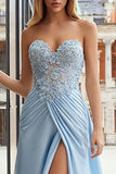 Sky Blue Sweetheart Long Appliqued Prom Dress with Slit